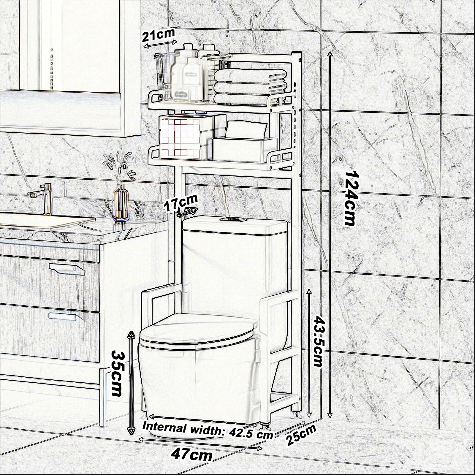 Sopra WC Grande Capacità 2 Ripiani Scaffale Sopra WC,Indipendente Mensola Per Servizio Igienico,Mensola Portaoggetti da Bagno,è Adatto All'uso in Bagno(White,2tier)