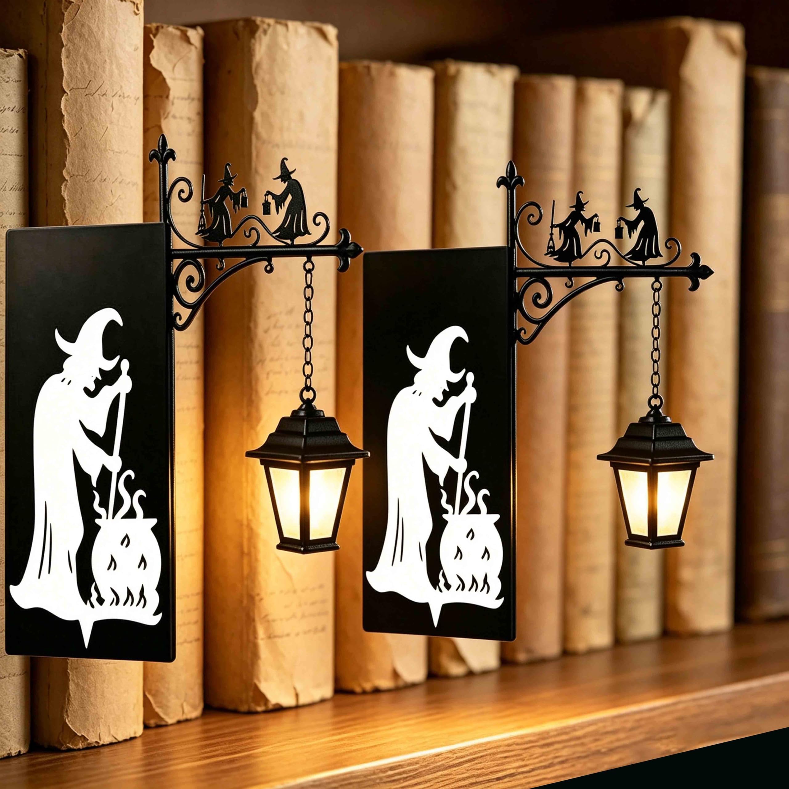 Ghost Bookshelf Lantern, Mini Gothic Bookshelf Decor, Library Lantern Bookshelf Lamp with Warm Nightlight, Portable Reading LED Lamp, Spooky Halloween Ornament for Shelf & Indoor Tabletop Decor、2Pcs-C