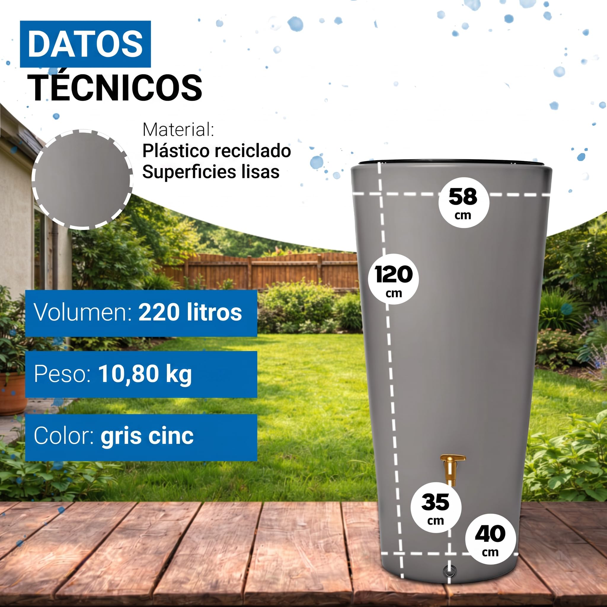 4rain Vaso 2en1 Barril para Agua de Lluvia 220 L Gris Zinc Incl. Grifo de Salida de plástico y conexión al bajante - depósito Decorativo Exterior - llenado filtrante automático - riego sostenible | y conector de bajante moderno barril de lluvia para jardí