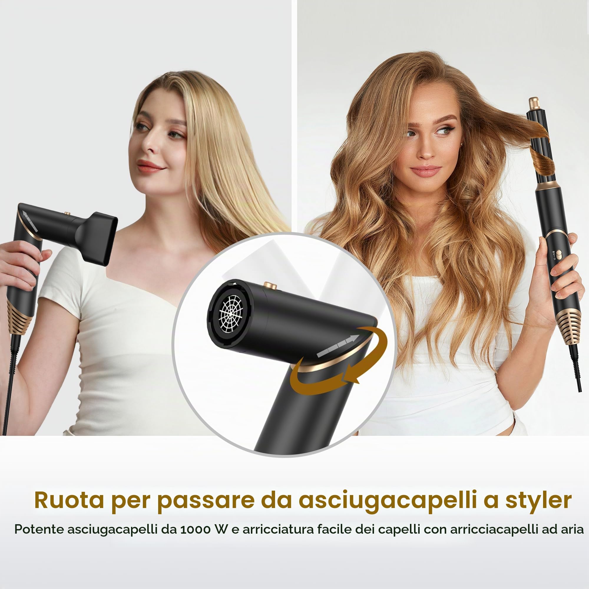 UKLISS Spazzola Asciugacapelli & Air Styler 5 in 1, Spazzola Ad Aria Calda 1000W Asciugatura Rapida Airstyler per Capelli Ricci, Volumizzante, Lisciante, Regali per Donne (Oro Nero)
