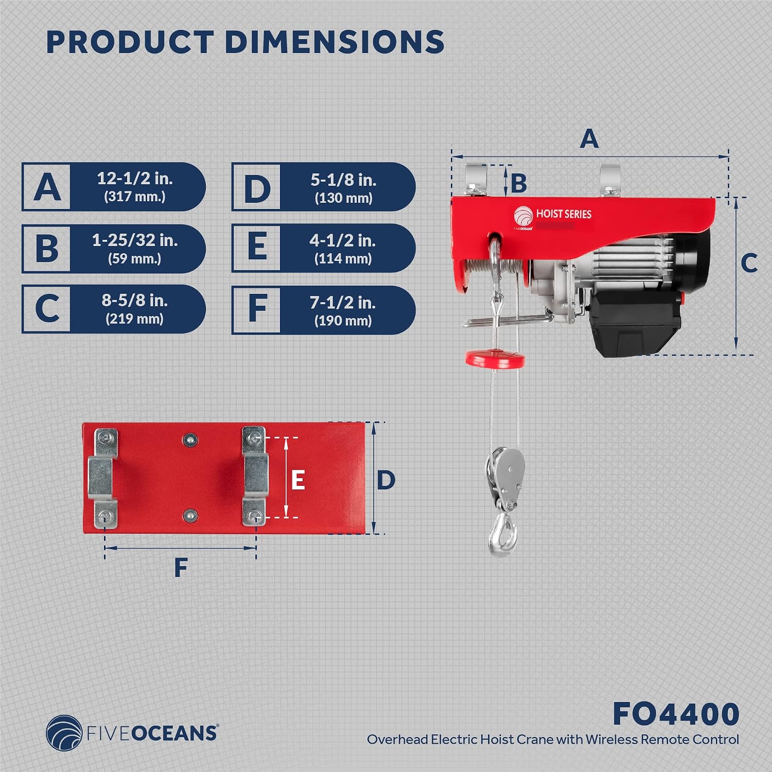 Five Oceans Electric Hoist, Hoist Pulley System, 440 Lb Electric Winch with Wireless Remote Control 110 Volt - FO4400
