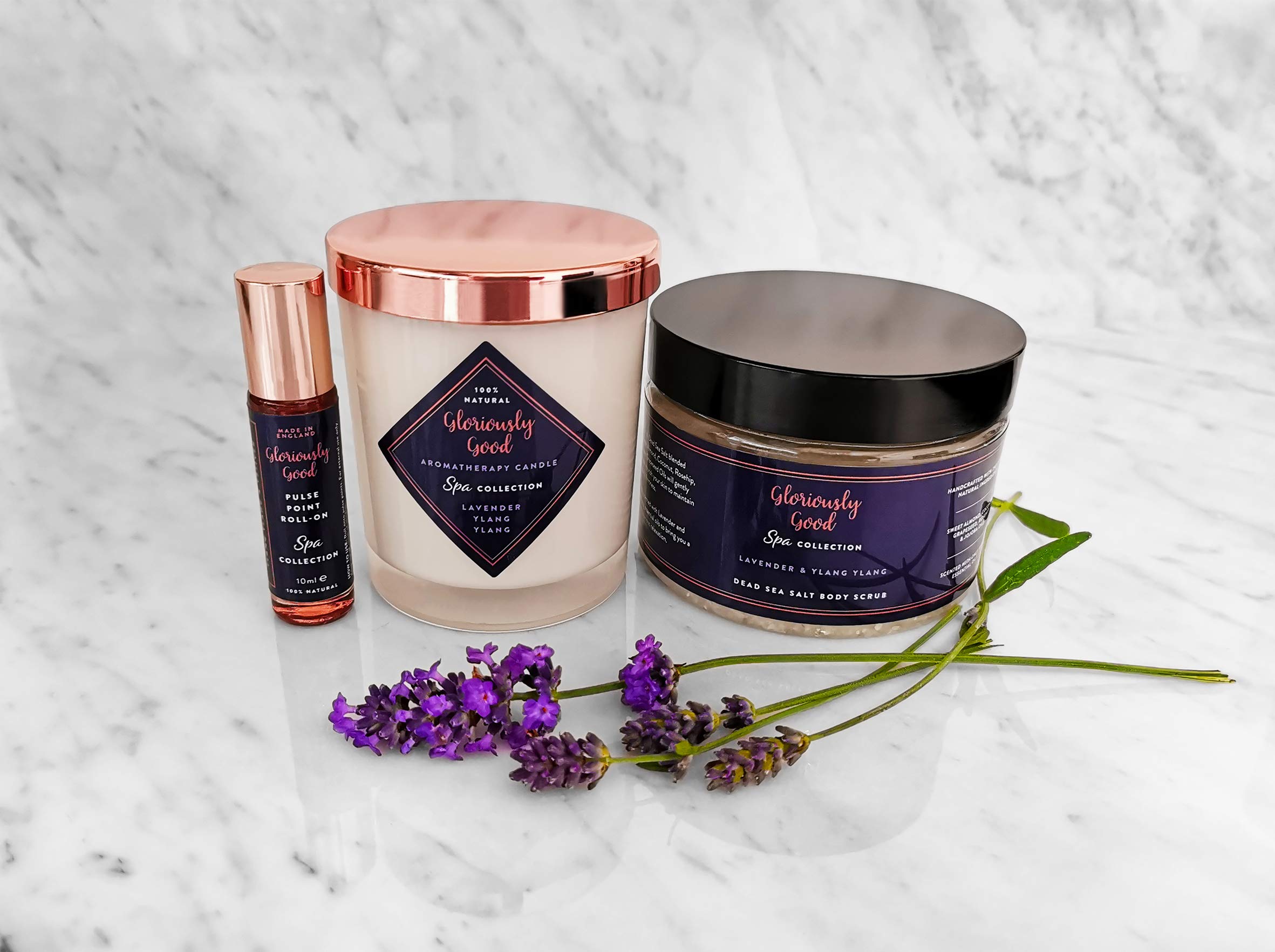 Lavender & Ylang Ylang Spa Collection Gift Set (Soy Wax Candle, Pulse Point Roll-on with Coconut Oil, Dead Sea Salt Body Scrub)