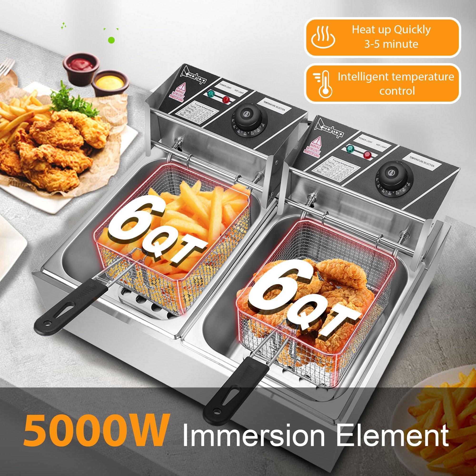 LUMSON EH82 5000W MAX 110V 12.7QT/12L Stainless Steel Double Cylinder Electric Fryer with Countertop Stainless Steel Fryer with Removable Tanks, Temperature Controller and Lids for Home, Restaurant