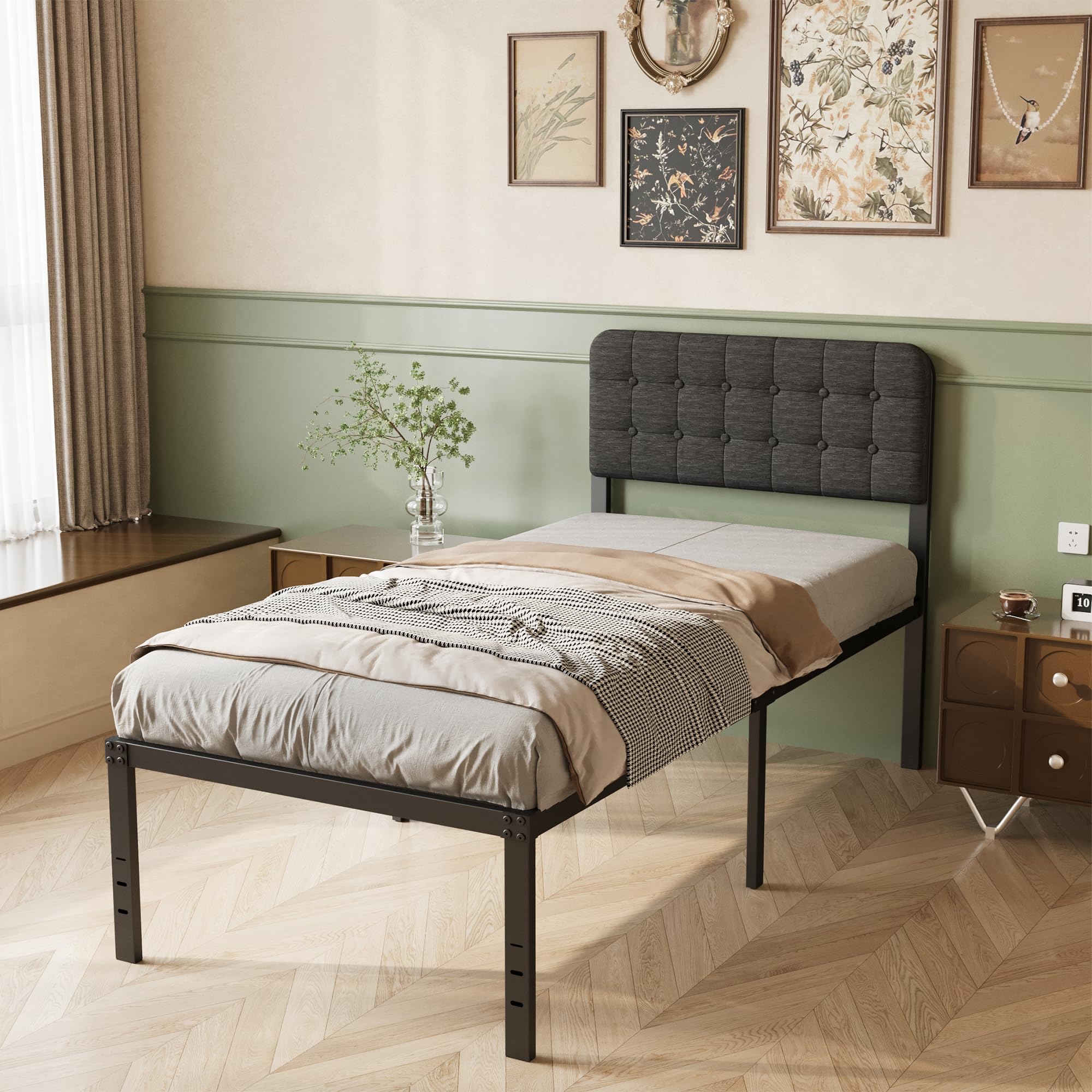 Cama 90x190 con Cabecero Tapizado Curvo, Somier de Metal con Lamas de Acero, Altura 46 cm, Almacenamiento, Negro