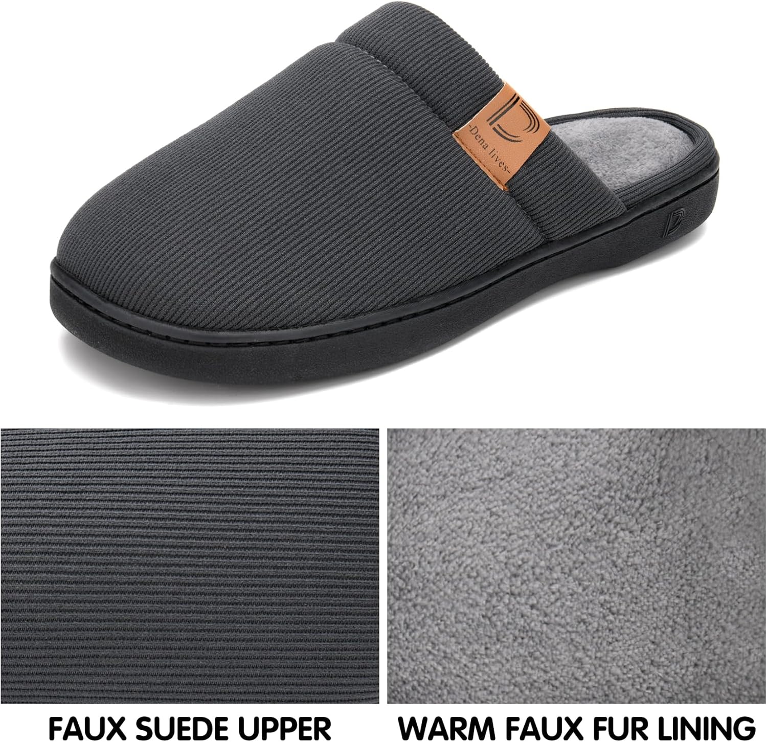 DL Men's Memory Foam Slippers with Fuzzy Plush Lining, Slip on House Slippers with Indoor Outdoor Anti-Skid Rubber Sole - Image 4