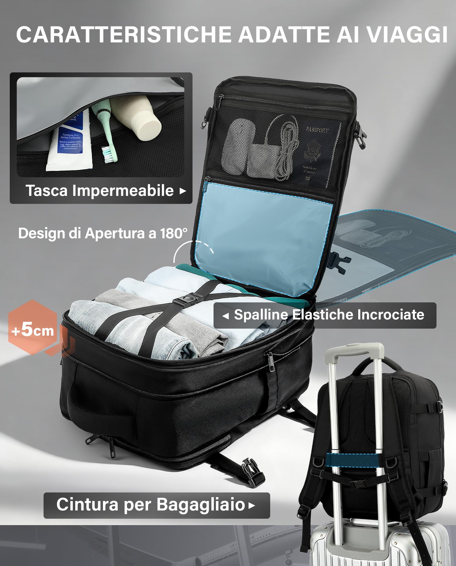 VANKEV Zaino da Viaggio Aereo per Ryanair EasyJet Eurowings Wizz Air Espandibile 40x30x20 a 40x30x25, 24L a 30L, Bagaglio a Mano Per Viaggi Adatta a Laptop da 15,6 Pollici nero