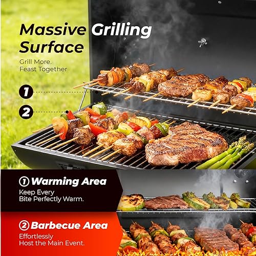 Miniatura 3 de Outvita Parrilla de carbón de barril con estante de calentamiento, parrilla de barbacoa al aire libre con mesa frontal lateral con amplia área de