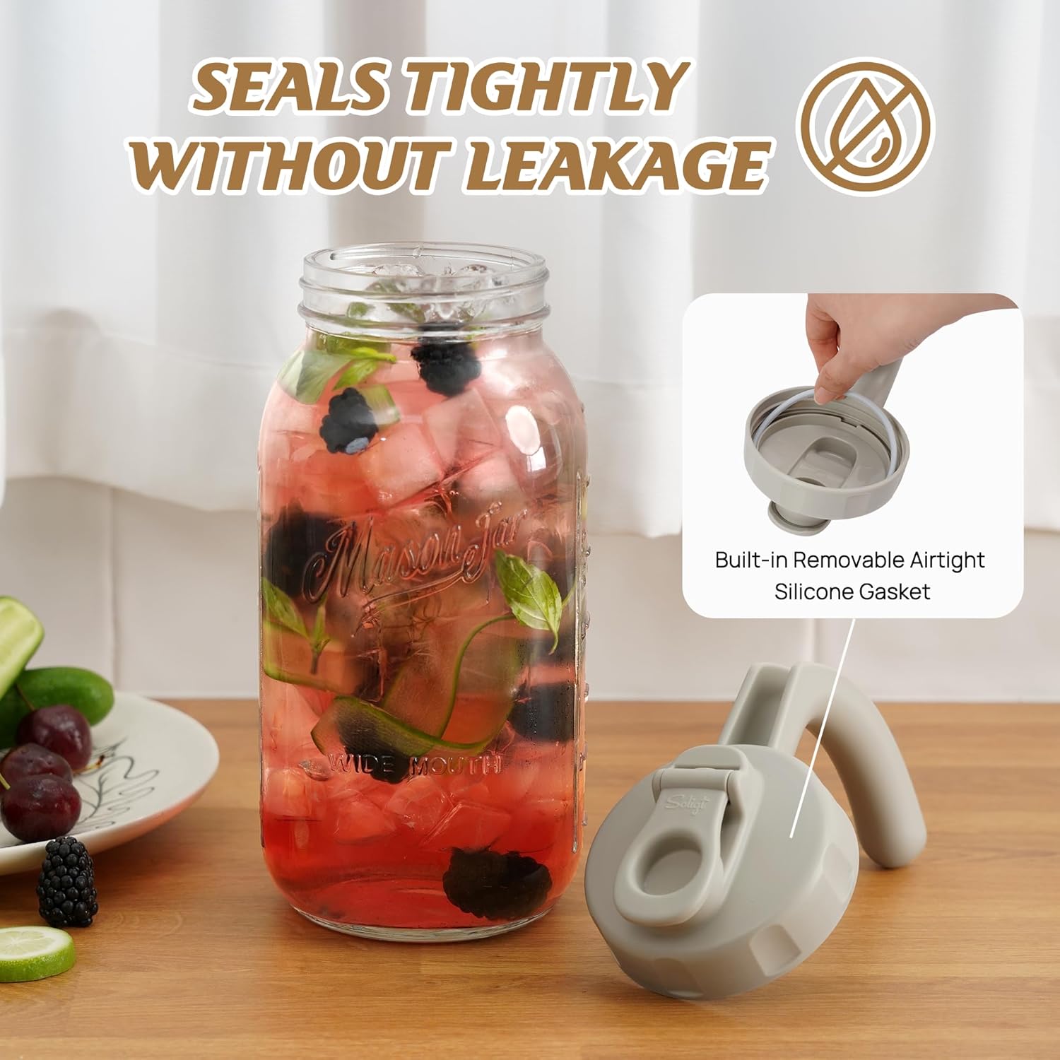 Soligt Glass Mason Jar Pitcher with Lid, Wide Mouth Flip Cap Pour Spout Leak-proof Lid with Handle, 64 oz (2 Quart / 1.9 Liter), for Iced Coffee/Sun Tea Juice/Cold Brew Coffee/Milk (1Pack, Light Gray) - Image 3