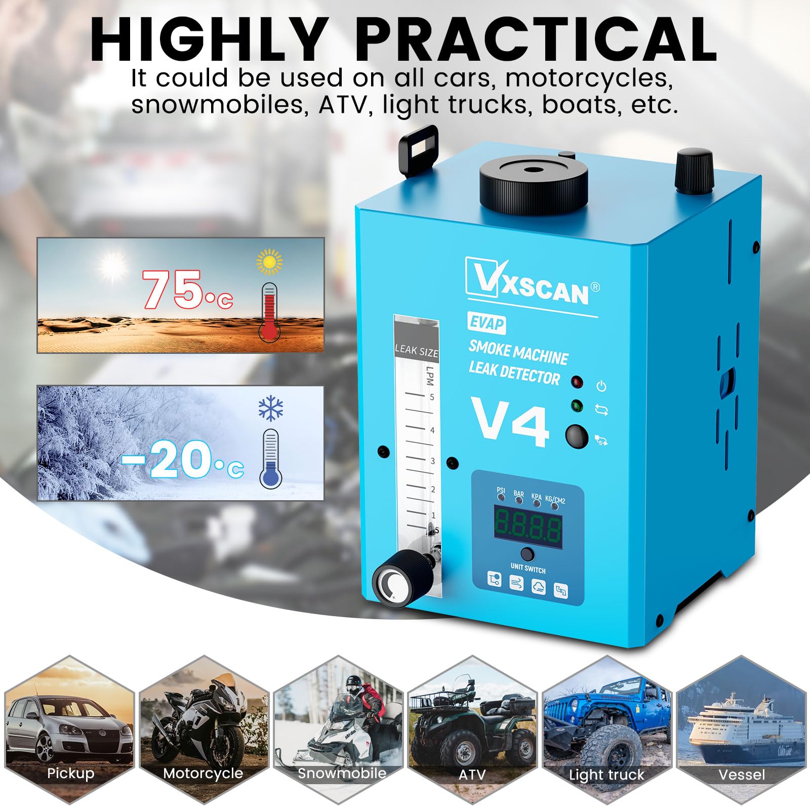 12V Máquina de Humo Coche Máquina De Humo EVAP Maquina de Humo para Coche con Manómetro Digital y Caudalímetro de Aire Detector Fugas Humo Coche Apto para Coches Motos Camiones Barcos y ATVs