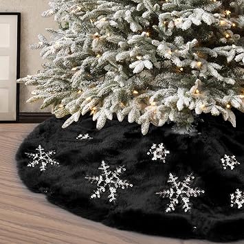 yuboo Black and Sliver Mini Christmas Tree Skirt, 24 inches Fluffy Small Fur Tree Skirt Rug Christmas Decorations for Table Top Tree