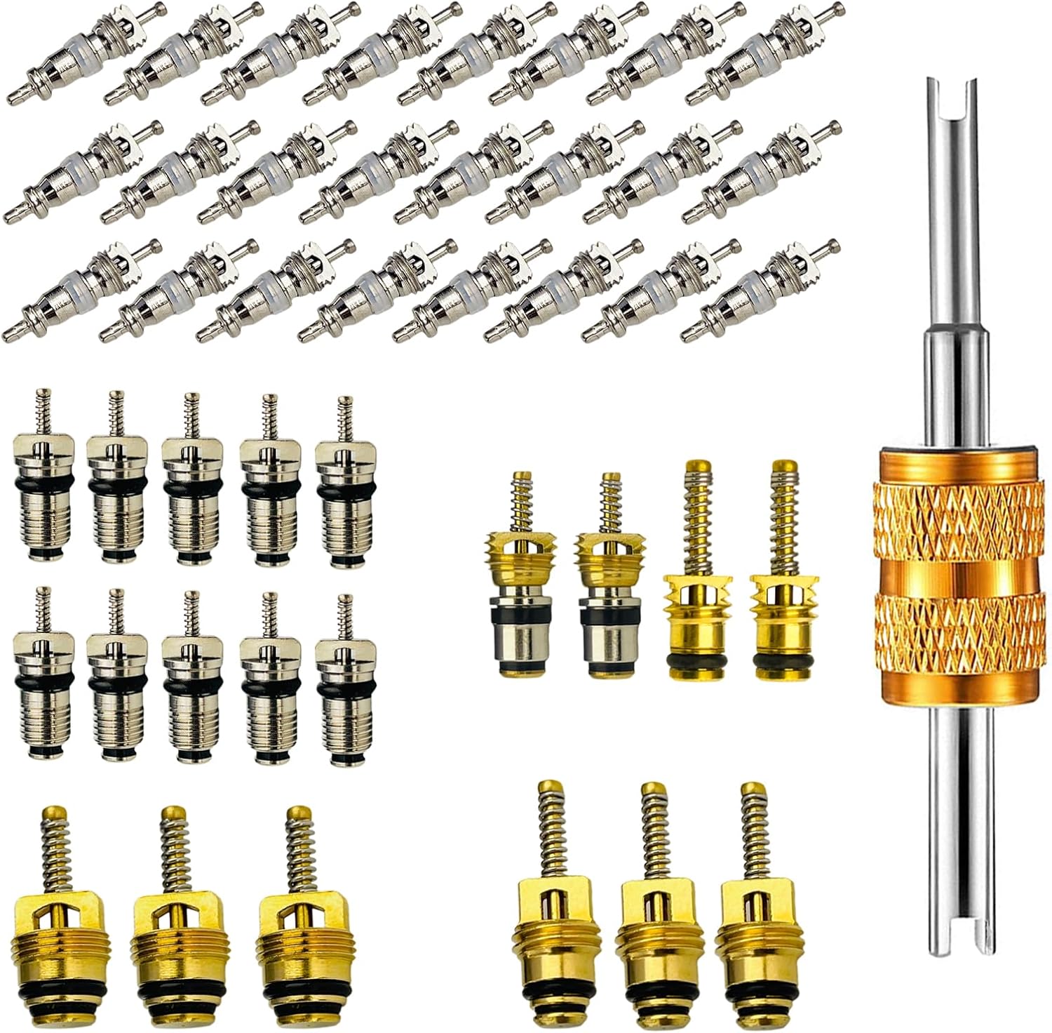56 Pcs Air Conditioning Valve Core Kit, R12 R134A Automotive A/C Valve Cores Refrigeration Valve Cores for Car & Home A/C System Teflon Seal Refrigeration with Double Head Valve Stem Remover Tool