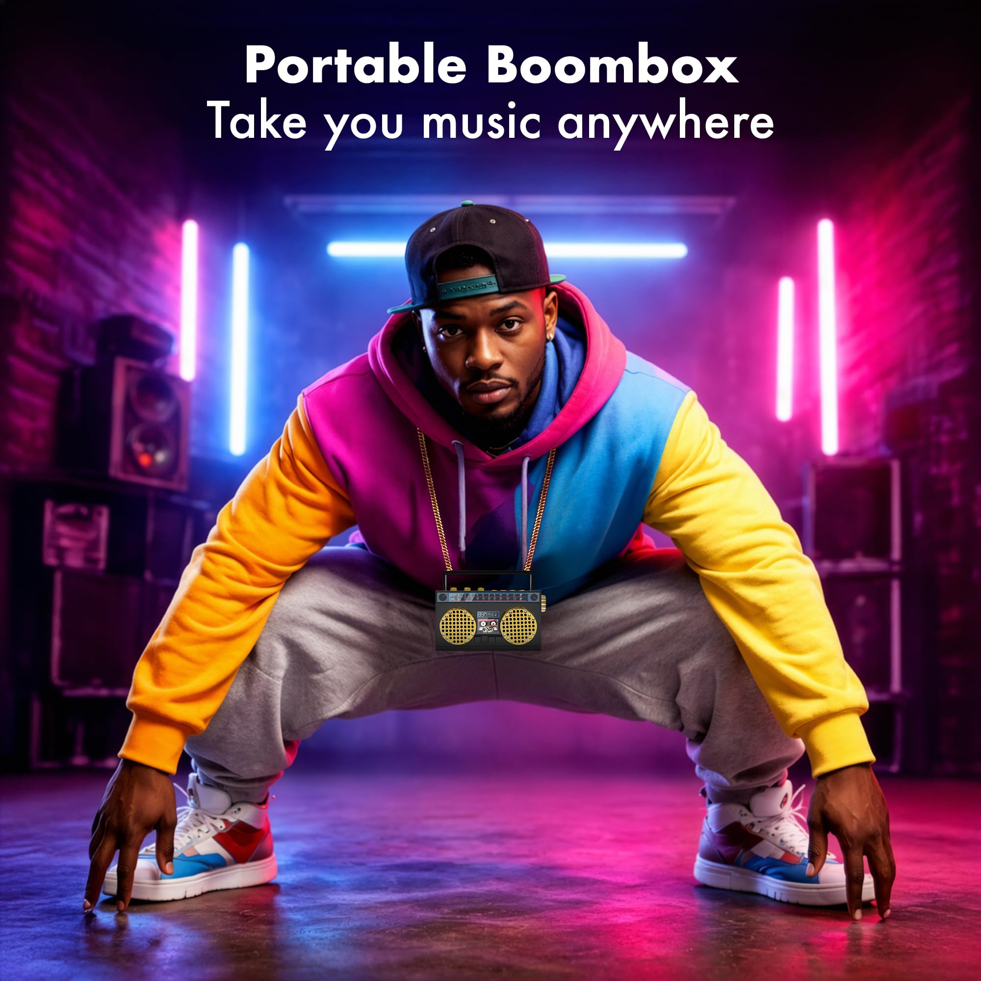 Mini haut-parleur portable sans fil Bluetooth rétro portable Boombox, collier de 68,6 cm, radio FM, boutons intégrés, double micro haut-parleurs 6 W, batterie longue durée