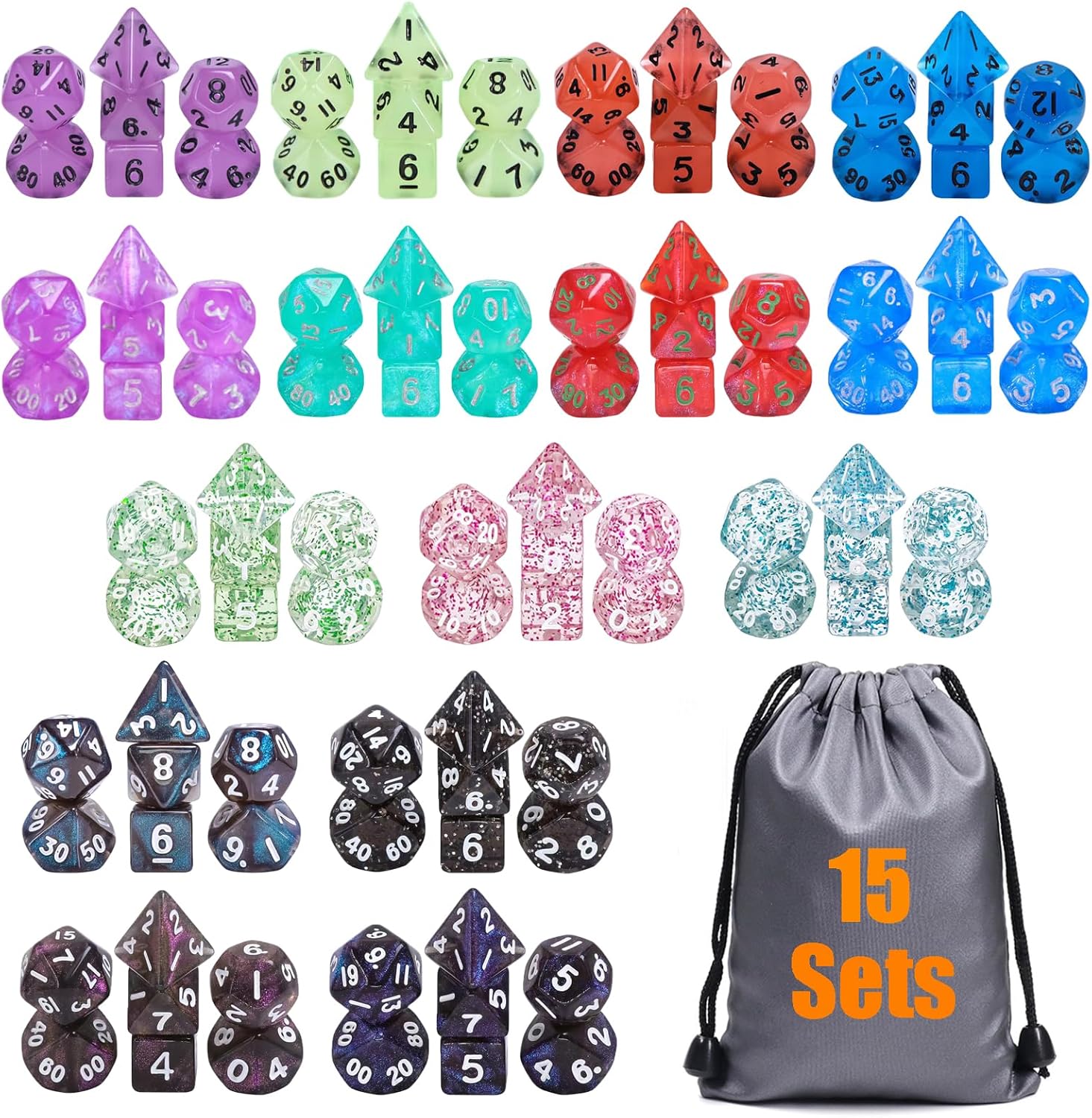 10mm Mini DND Dice Set,15 Sets Polyhedral RPG Dice (105pcs) for MTG,RPG,D&D Dungeons and Dragons Role Playing Game.(Transparent Glitter)