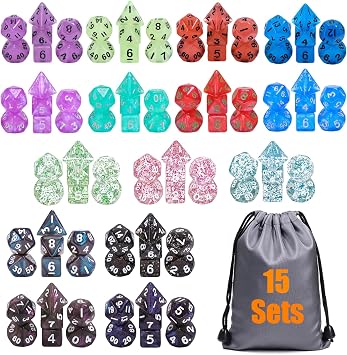 10mm Mini DND Dice Set,15 Sets Polyhedral RPG Dice 105pcs for MTG,RPG,D&D Dungeons and Dragons Role Playing Game.Transparent Glitter