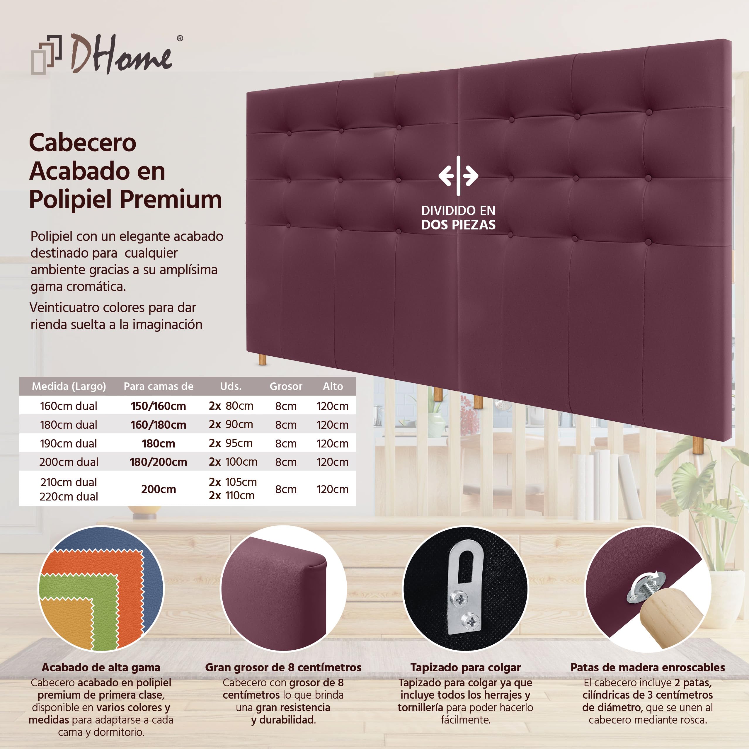 DHOME Cabecero Tapizado Capitoné Suelo 2 hileras Amplio de Polipiel para Cama Matrimonio Cabezal Dormitorio (Vino Tinto, 220cm Dual)
