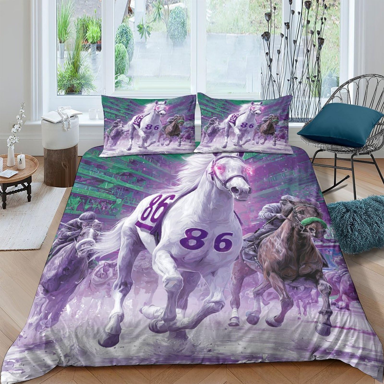 Housse de couette courses hippiques Super King 260x220 cm avec 2 taies d'oreiller en microfibre