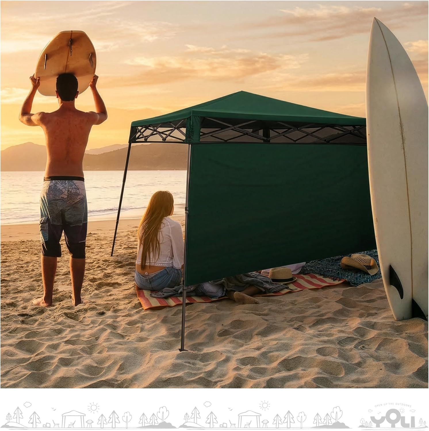 YOLI Go!Shade 36 Instant Pop-Up Canopy, 7x7 Lightweight Backpack Shelter with Attached Wall & UV Protective Top - Deep Forest Green