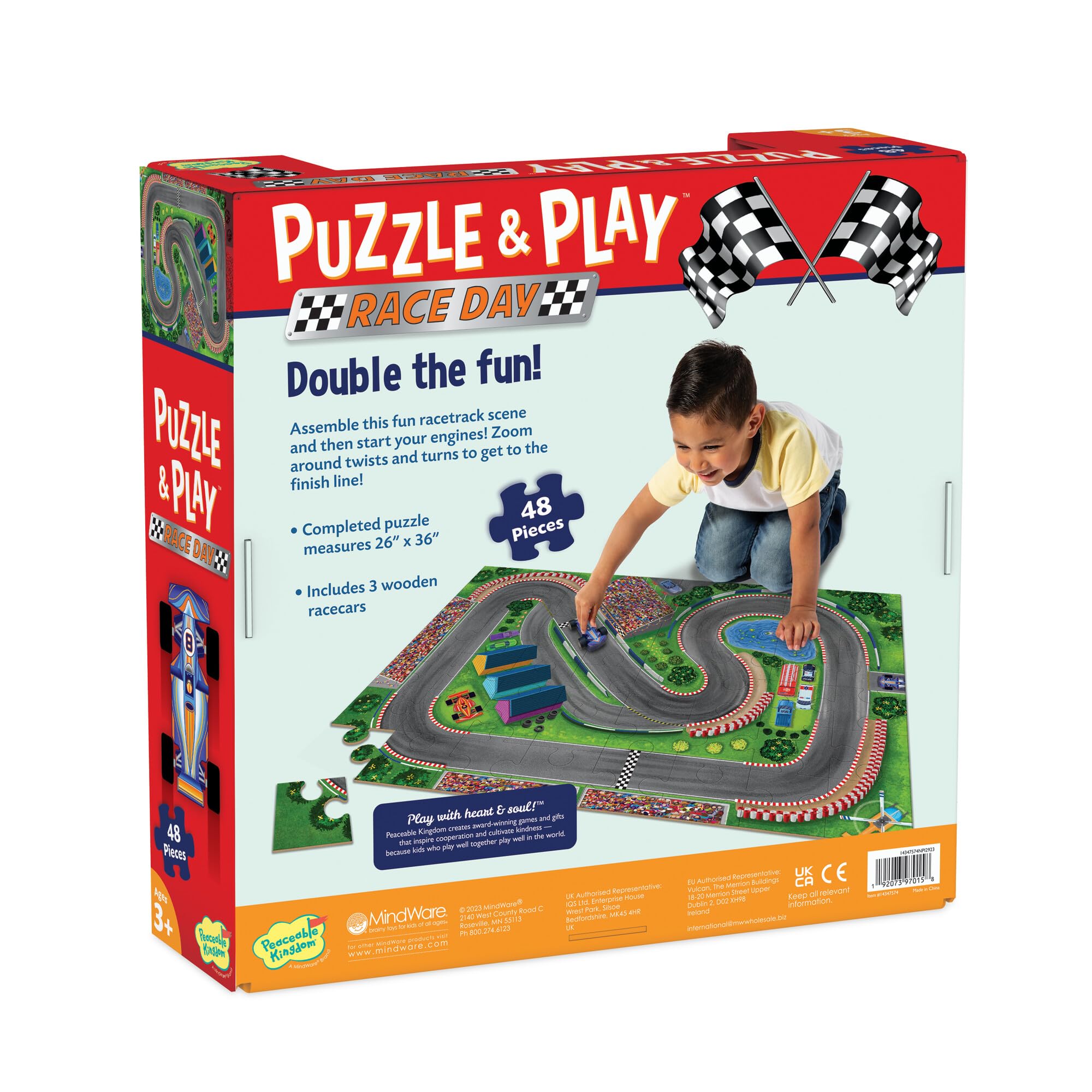 Peaceable Kingdom Puzzle & Play: Race Day - Floor Puzzle for Kids Ages 3 and Up - Includes 3 Wooden Vehicles to Zoom Around The Race Track Puzzle for a Double Dose of Fun - Measures 26" x 36" - Image 8
