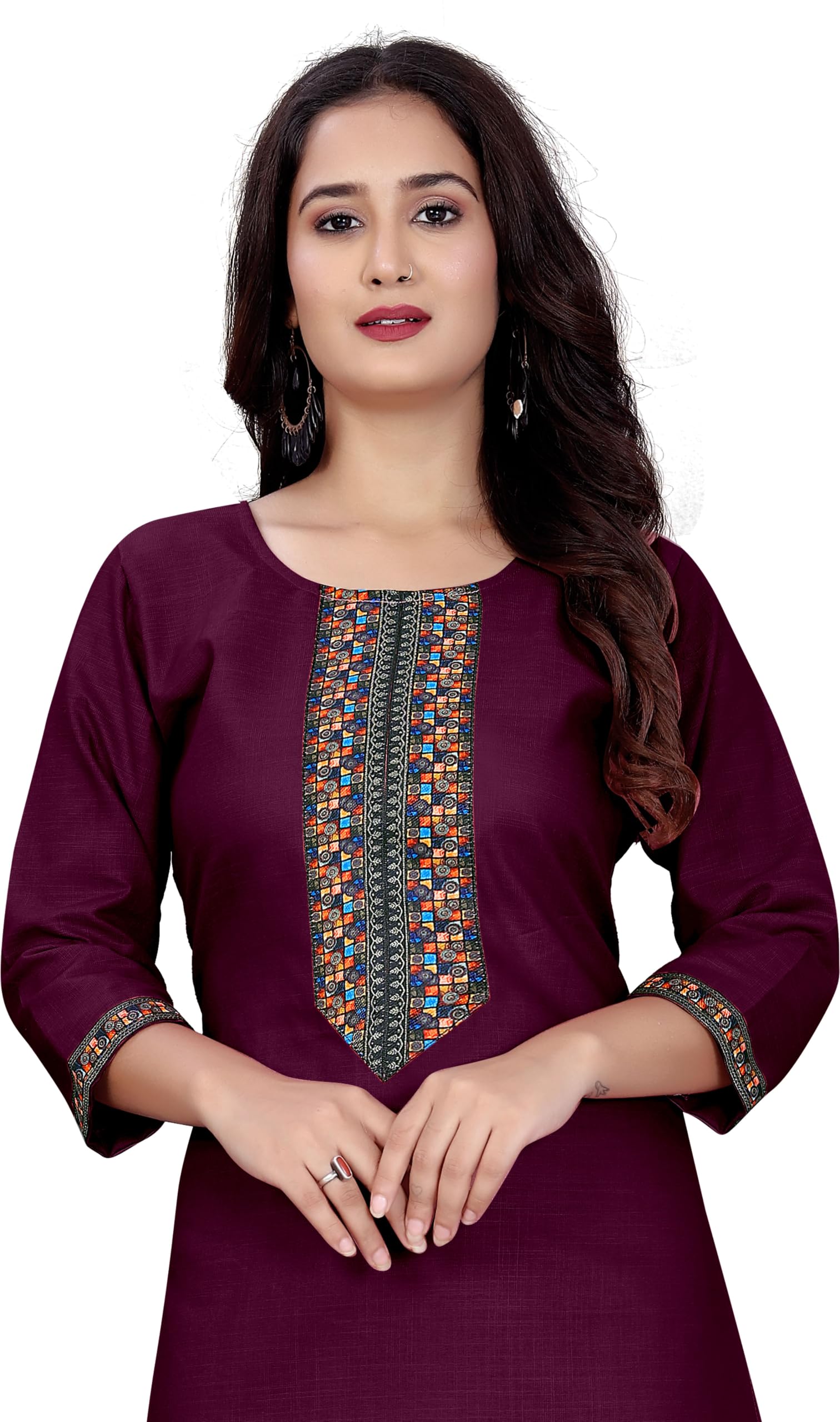 Women A-line Cotton Blend Round Neck 3/4 Sleeve Embroidered Kurti Only-picture-49