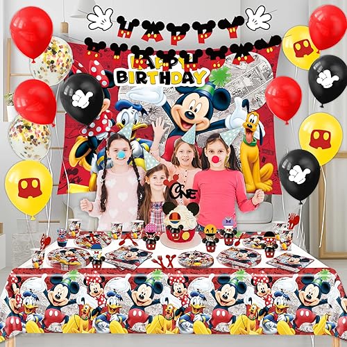 Miniatura 7 de Suministros para fiesta de cumpleaños de ratón, 116 piezas de decoración de fiesta de cumpleaños de ratón, incluye pancartas, telón de fondo,