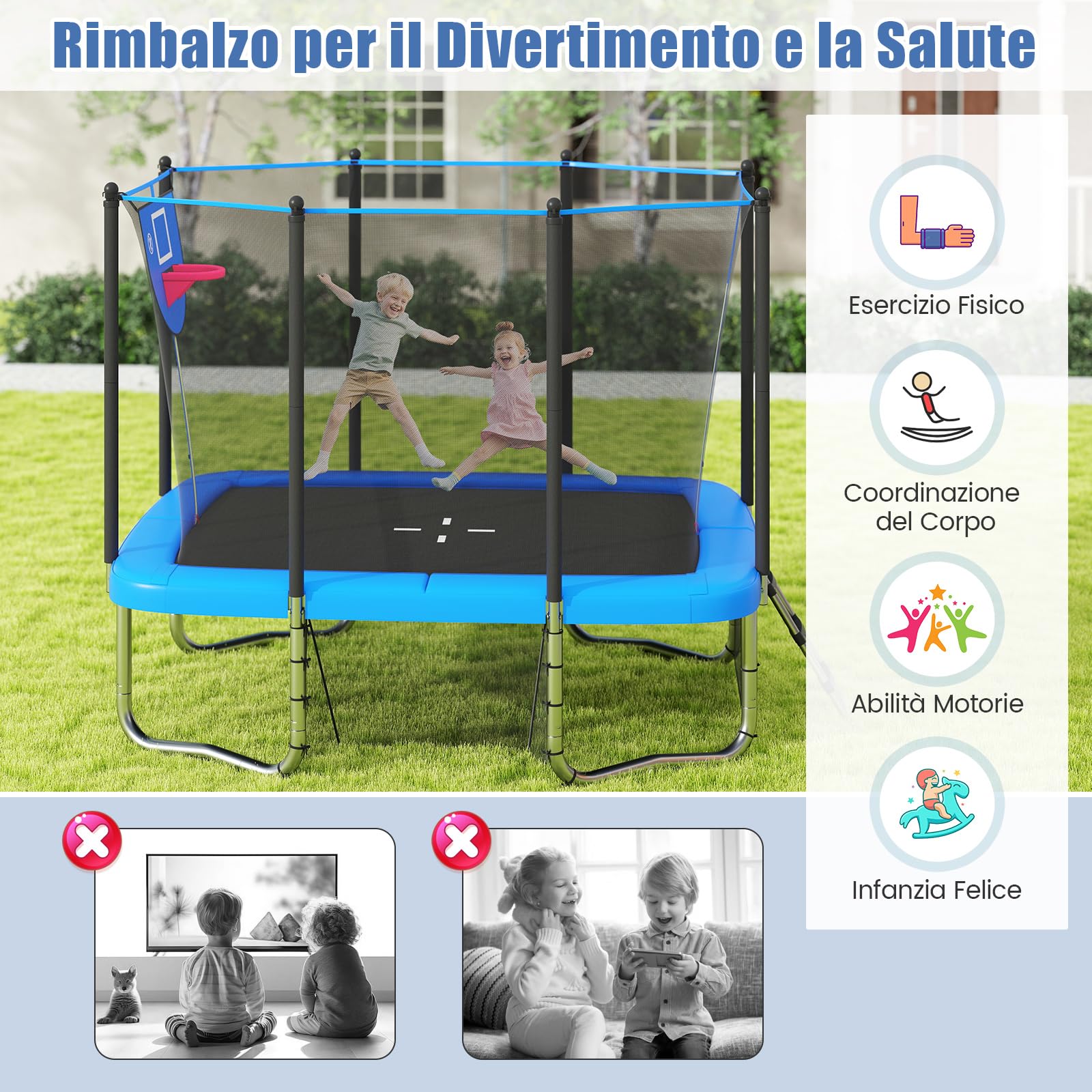 COSTWAY Trampolino da Esterno per Bambini e Adulti 317 x 255 cm, Tappeto Elastico Rettangolare con Canestro da Basket, Porta da Calcio, Scala Antiscivolo, Rete e Telaio in Acciaio