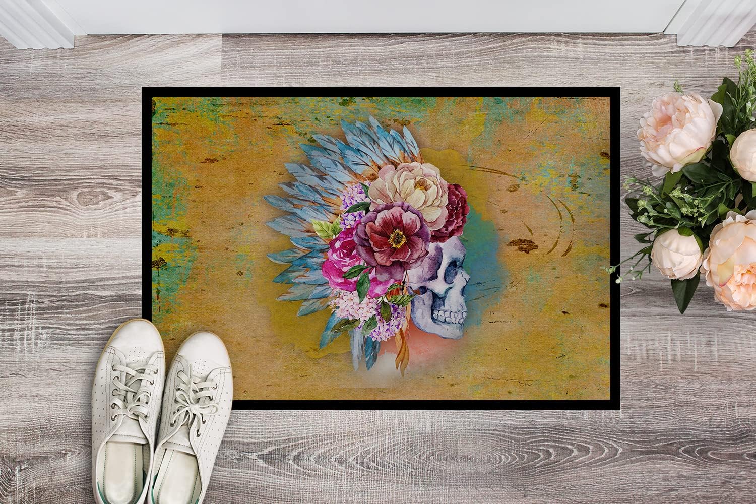 Caroline's Treasures BB5129MAT Day of The Dead Flowers Skull Doormat 18x27 Front Door Mat Indoor Outdoor Rugs for Entryway, Non Slip Washable Low Pile, 18H X 27W