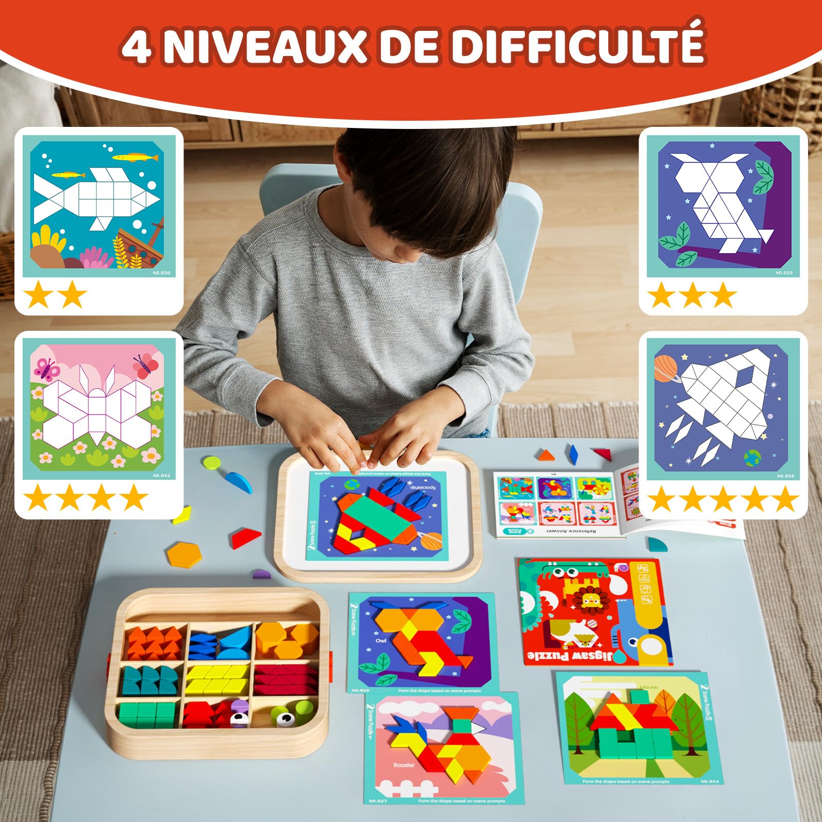 Jeu de Blocs magnétiques en Bois avec Cartes, 288 pièces, Puzzle Tangram Montessori, Jouet d'apprentissage pour Les Enfants de 3 à 5 Ans, Cadeau éducatif STEM pour garçons et Filles de 3 à 5.