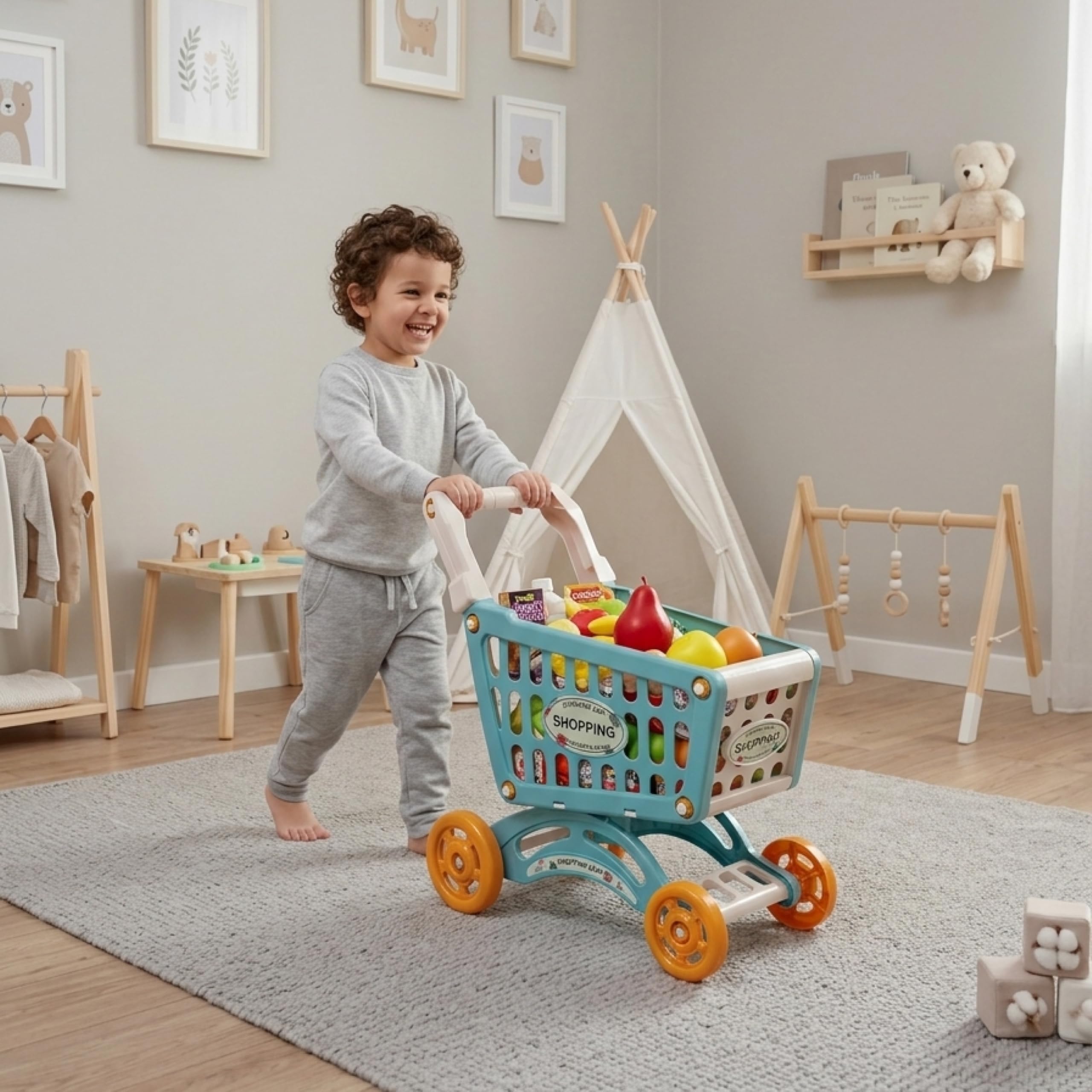 Carro de Compras de Juguete con Música - 28 Accesorios – Incluye Comida – Juguete Educativo para Niños y Niñas +3 Azul