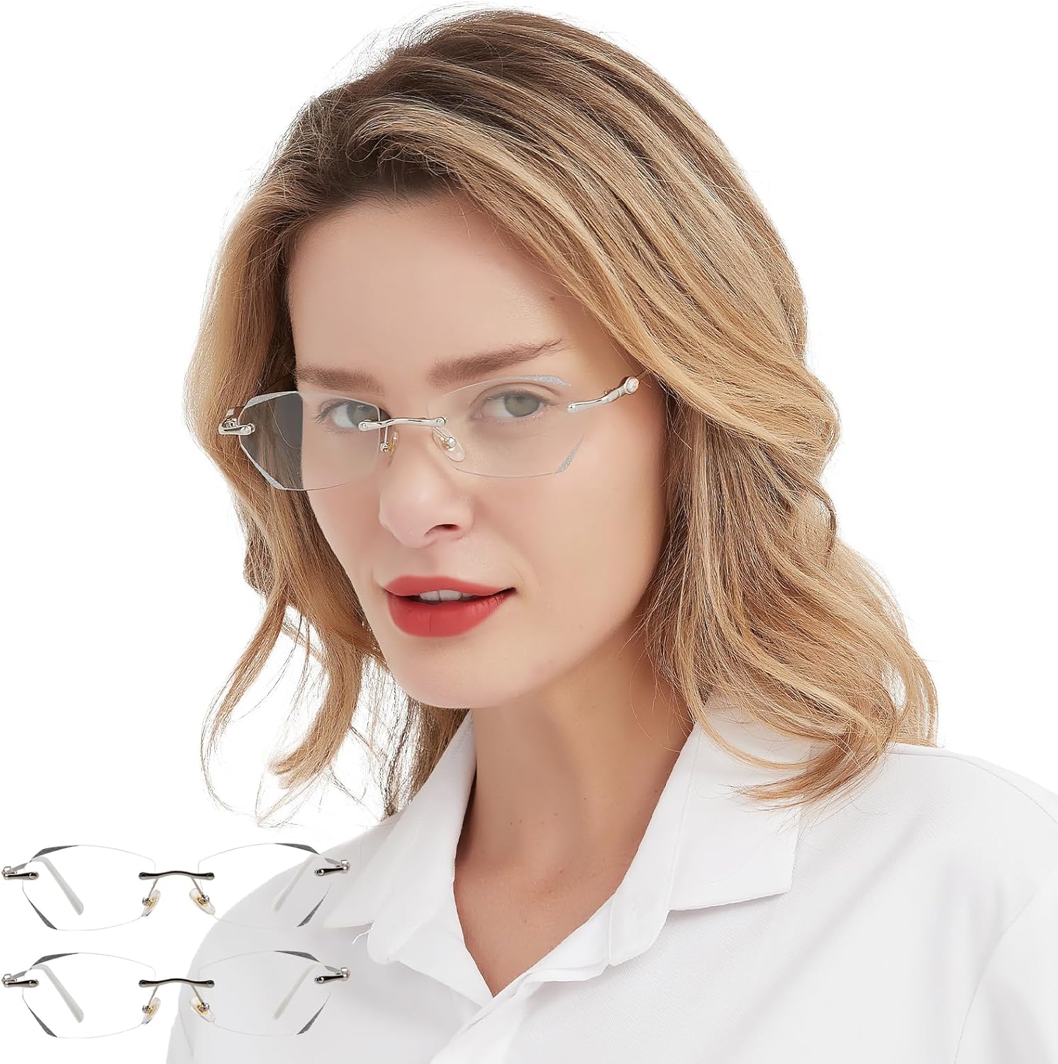 OCCI CHIARI Rimless Blue light Reading Glasses Women 2 Pack Readers Designer Eyeglasses(1.0 1.5 2.0 2.5 3.0 4.0)