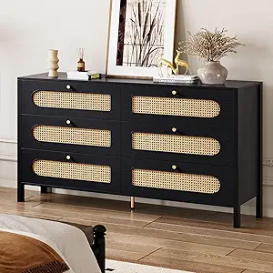 DWVO Natural Rattan 6 Drawer Dresser-Wooden Black Boho Double Dresser Chest of Drawers with Golden Handles-Modern Large Closet Dressers Storage Cabinet for Living Room/Hallway/Entryway