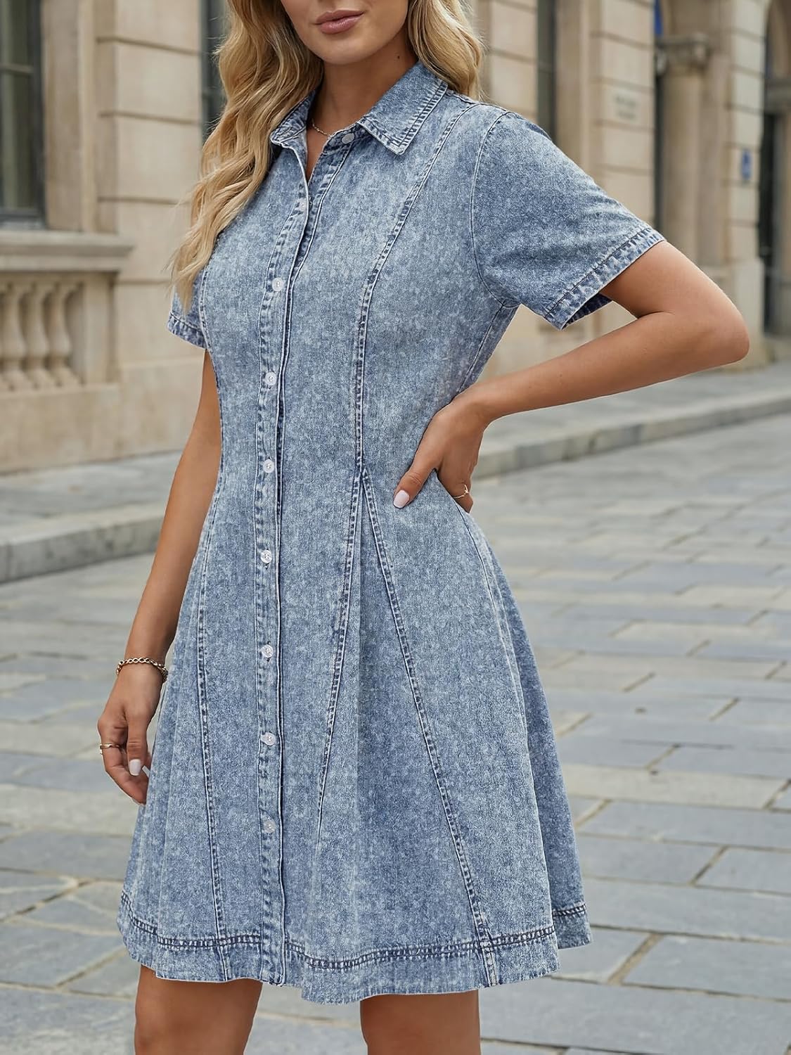 LILLUSORY Women's Short Sleeve Denim Dress - Knee Length Button Down Casual Jean Dress - Image 3