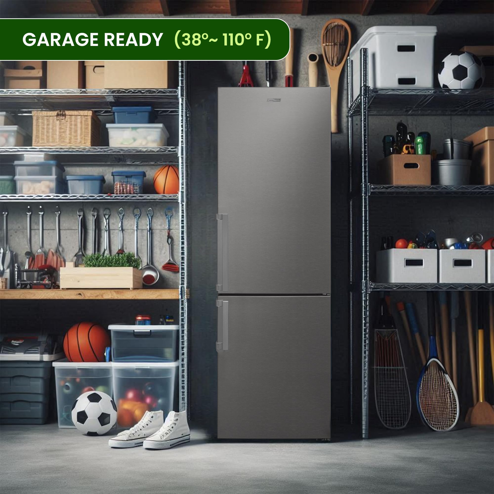 Conserv 12 Cu.Ft. Frost Free Bottom Freezer Refrigerator With V-Move Handle, Reversible Door Garage Ready E-Star (Titanium) on Fridge.com - View 5