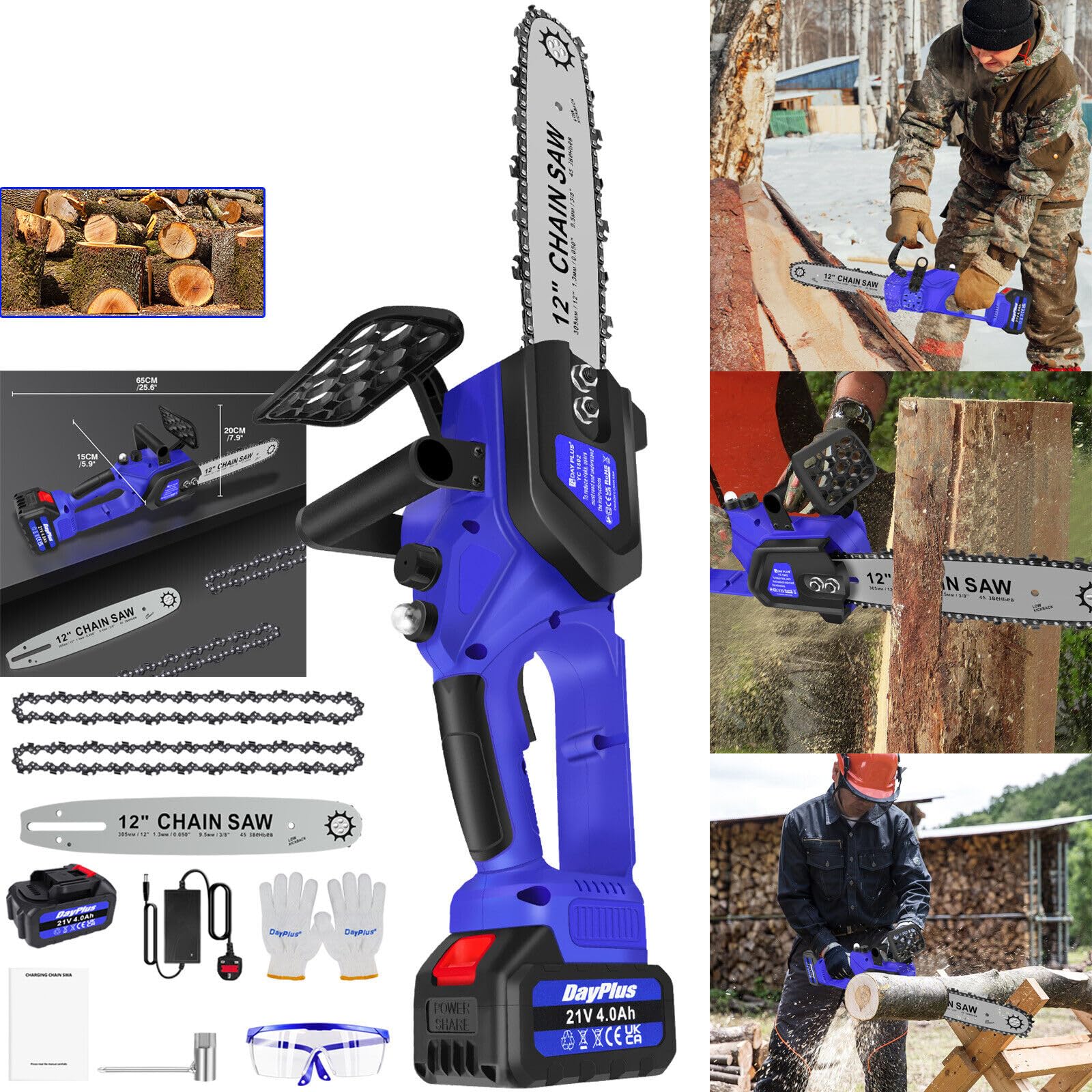 Mini tronçonneuse électrique sans fil de 30,5 cm 4000 W avec batterie de 4,0 Ah et chargeur, 2 chaînes pour couper le bois, élaguer les branches