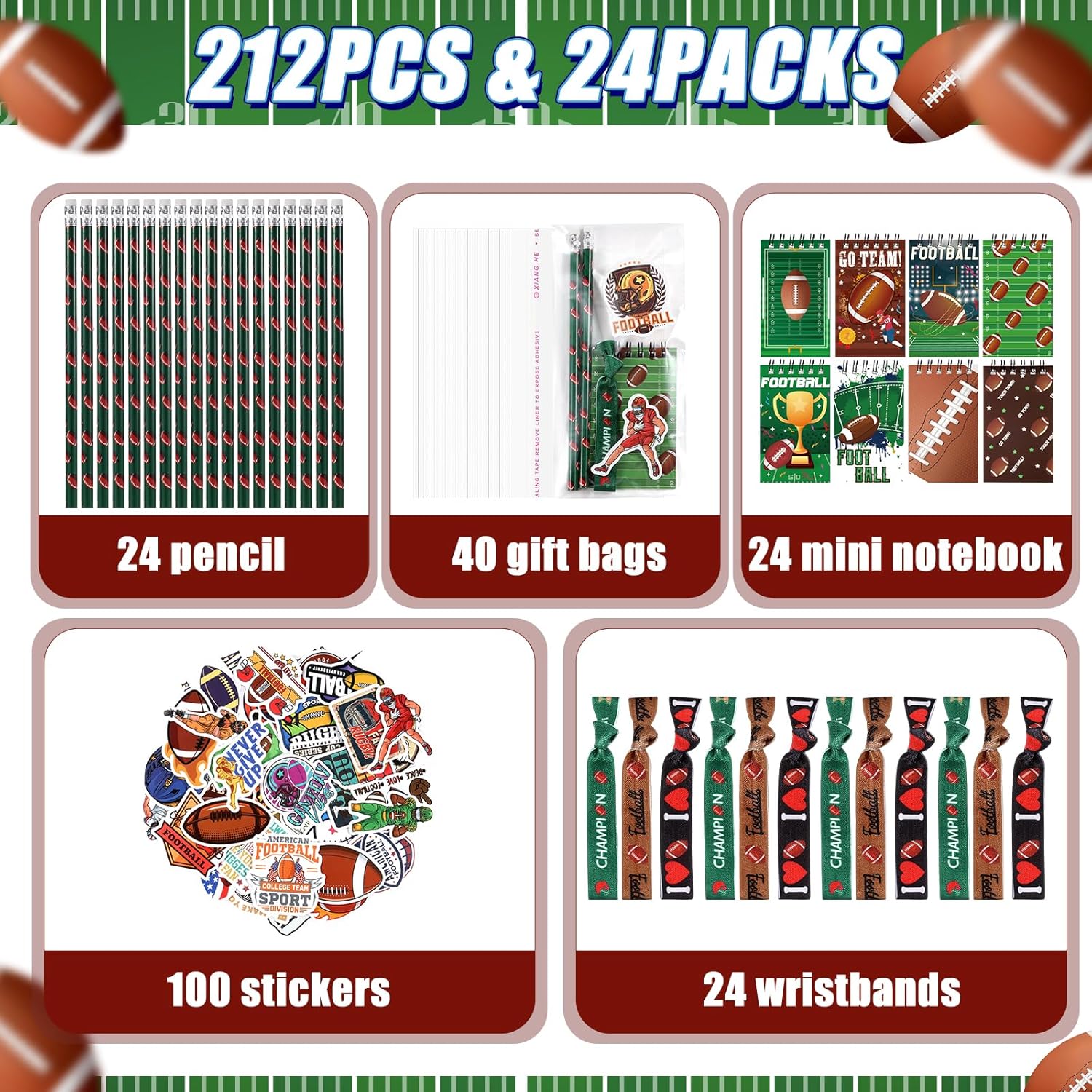 Maxdot 212 Pieces Football Party Favors Set, 24 Pencil 24 Bracelets 24 Mini Notepads 100 Stickers 40 Opp Bags for Football Party Supplies Sports Gifts School Classroom Games Rewards Supplies - Image 2