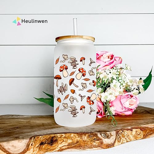 Miniatura 3 de Heulinwen Taza de vidrio retro de hongos con hojas de otoño, lata de café helado de 16 onzas con tapa de bambú y pajita, taza de té de vidrio con