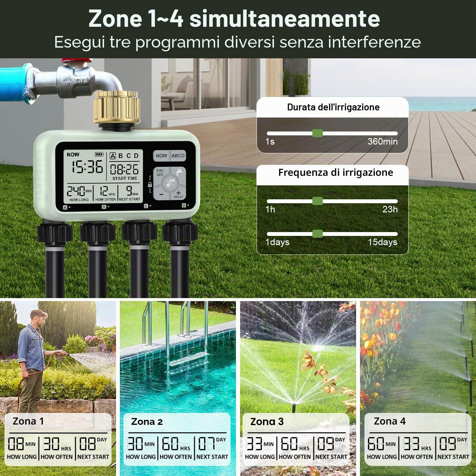 Timer per irrigazione a 4 zone con ingresso in ottone, timer irrigatore, timer programmabile per rubinetto del tubo da giardino esterno con ritardo della pioggia/sistema di irrigazione manuale
