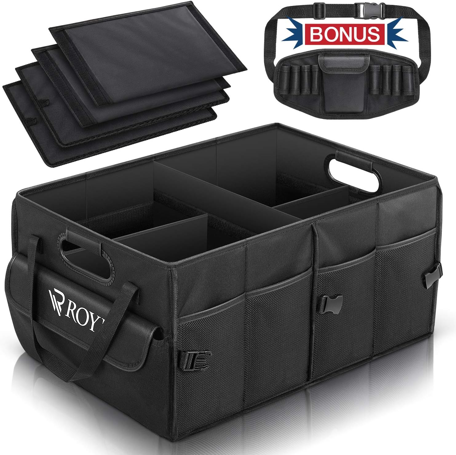 ROYI Car Trunk Organiser, Large Collapsible Sturdy Boot Storage with Bonus Detachable Toolkit, Multi-Compartment Pockets 2-IN-1 Handle Non-Slip Strips for Shopping Camping Stuff Tidy Storage