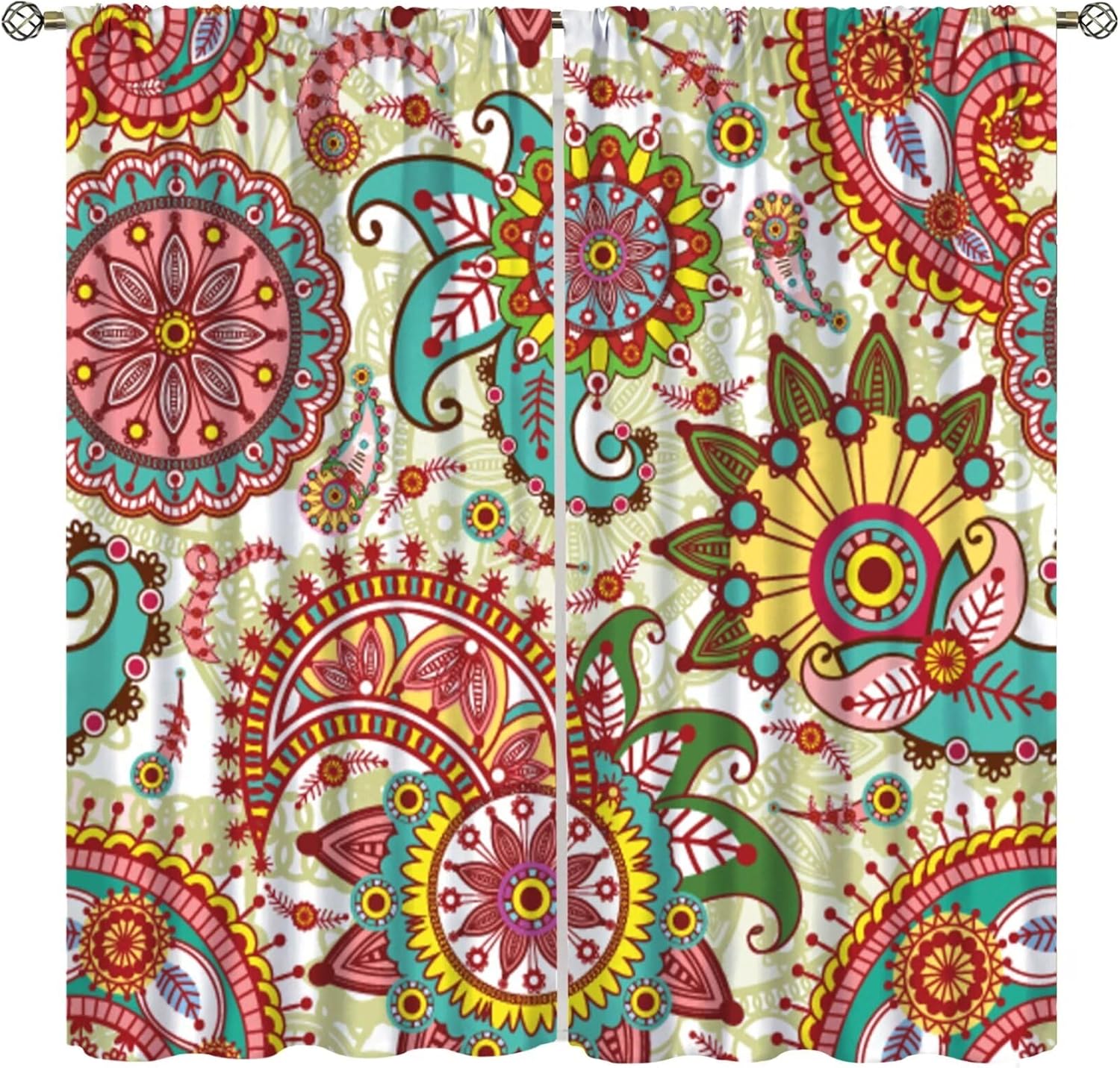 Boho Flowers Curtains, Rustic Bohemian Floral Mandala Plants Botanical Modern Art Rod Pocket Window Treatments for Bedroom Living Room Set 2 Panels,42x63 Inches