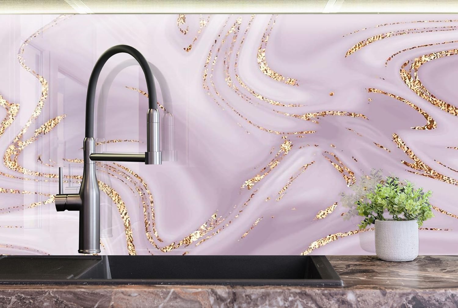 Myphotostation.com 23.5Wx12H''Tempered Glass Gold Backsplash Design Cooker Wall Backsplash Panel Glass Splashback for Kitchen Panel Design Abstract Pink Splashback
