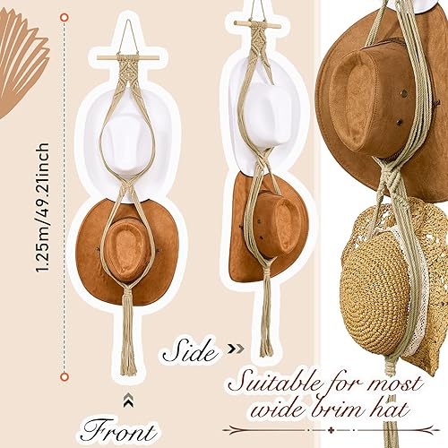 Miniatura 9 de Perchas de macramé para sombreros, estilo bohemio, para colgar sombreros de vaquero, organizador para la parte trasera de la puerta (blanco, estilo