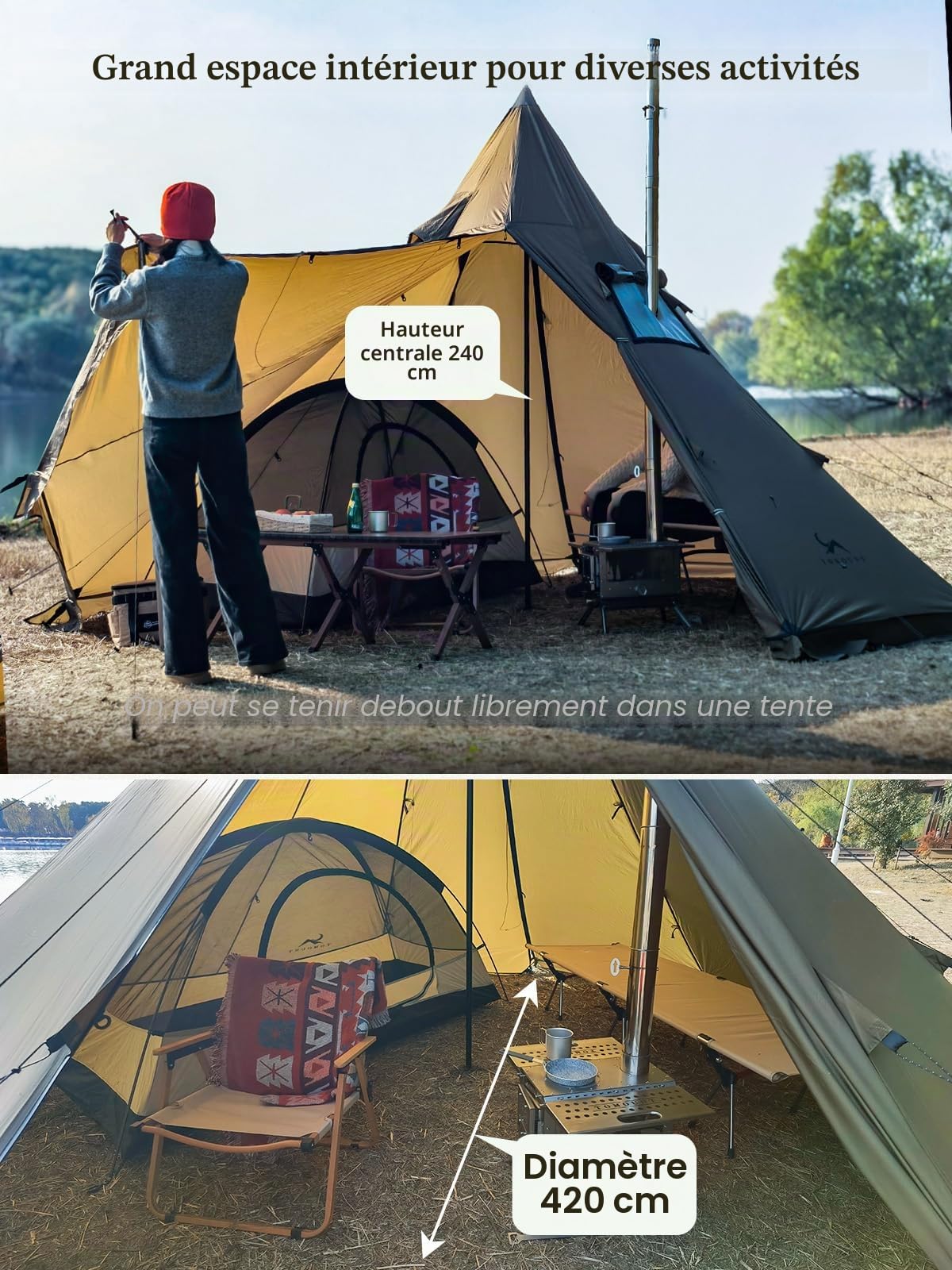 TOMOUNT Tipi Tente indienne en nylon pour 6 personnes Tente pyramidale avec trou de poêle pour poêle de tente 4 ans Tente de camping pour extérieur, camping, randonnée, trekking