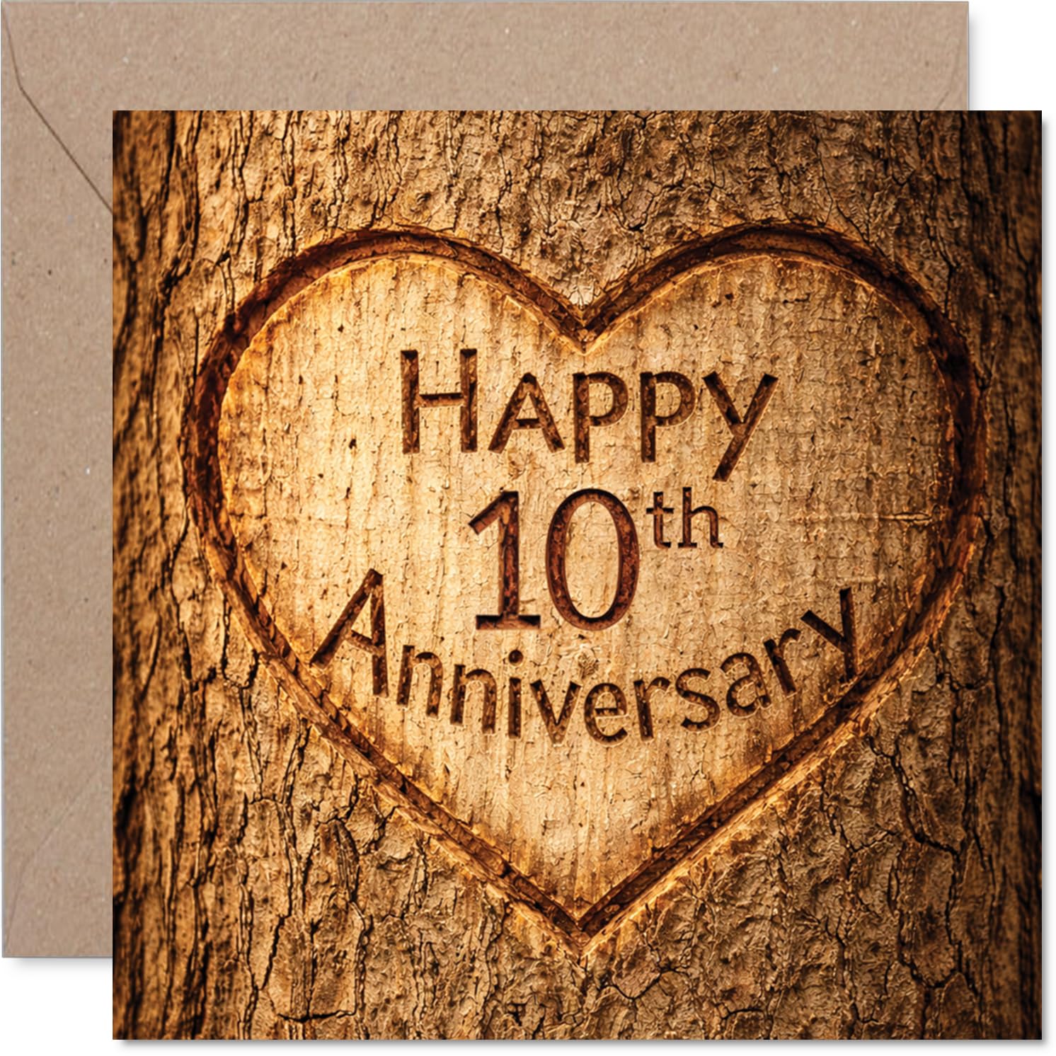 Heartfelt 10th Anniversary Card - Rustic Charm for Their Special Day - Wooden Heart Motif on Warm Brown - 145mm Square, Envelope Included