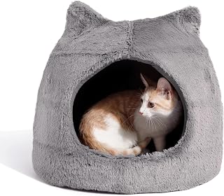 Gray Meow Hut Pet Bed, Small Dome Cat & Dog Bed with Faux Fur Cover, Enclosed Hooded Cave for Anxiety, Washable Plush Pad