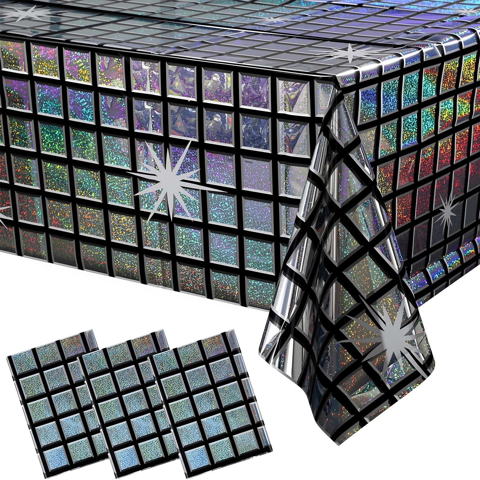 GSrenyu 3Pcs Glitter Disco Table Cloth 100 * 270CM Rectangle Tables Covers for 70s 80s Disco Party Decorations, Iridescent Tablecloths for Birthday Wedding Dance Party Decor