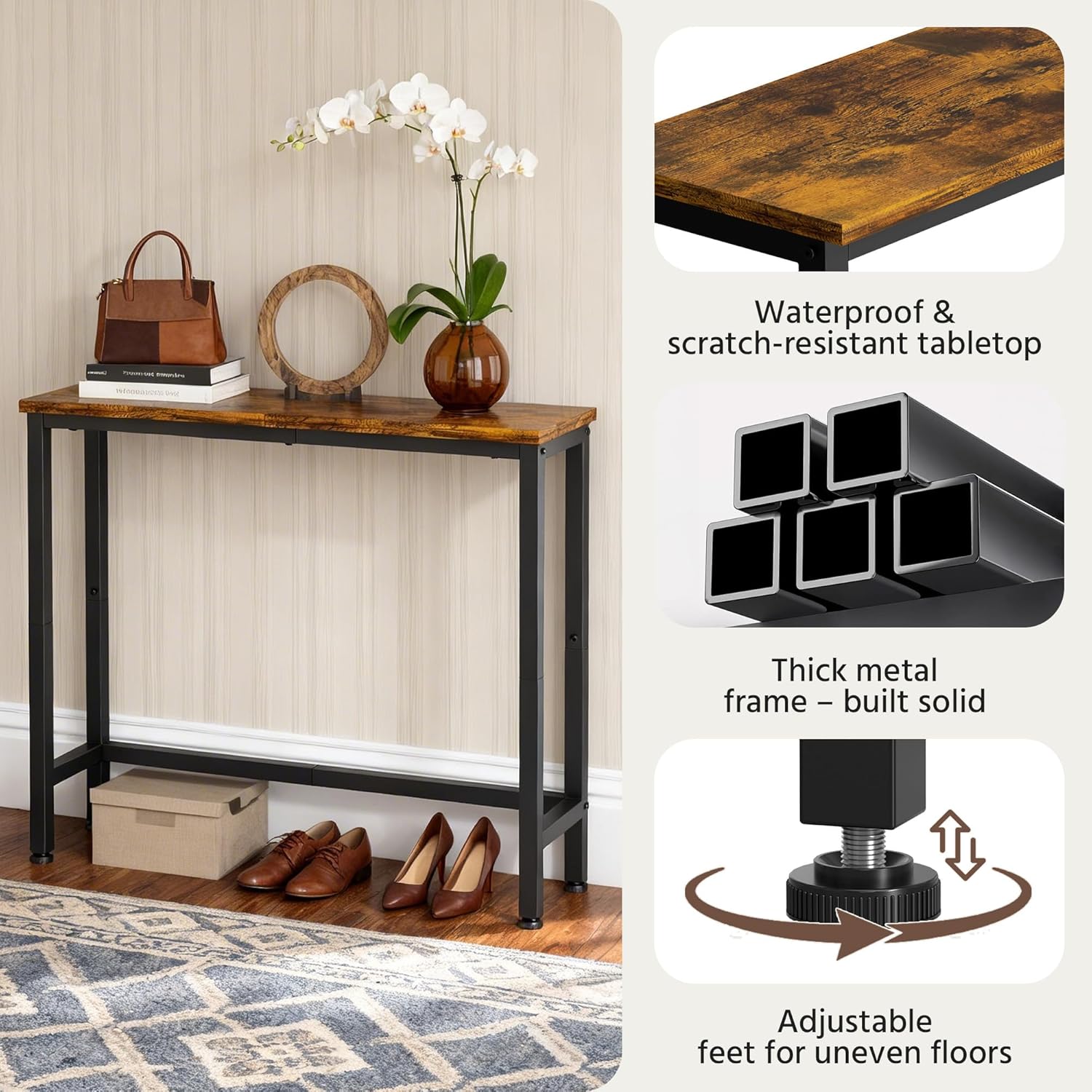 29.5 Inch Narrow Console Table, Small Entryway Table with Metal Frame, Skinny Sofa Table for Living Room Hallway Bedroom Foyer, Slim Hallway Shelf, Modern Entryway Furniture, Rustic Brown