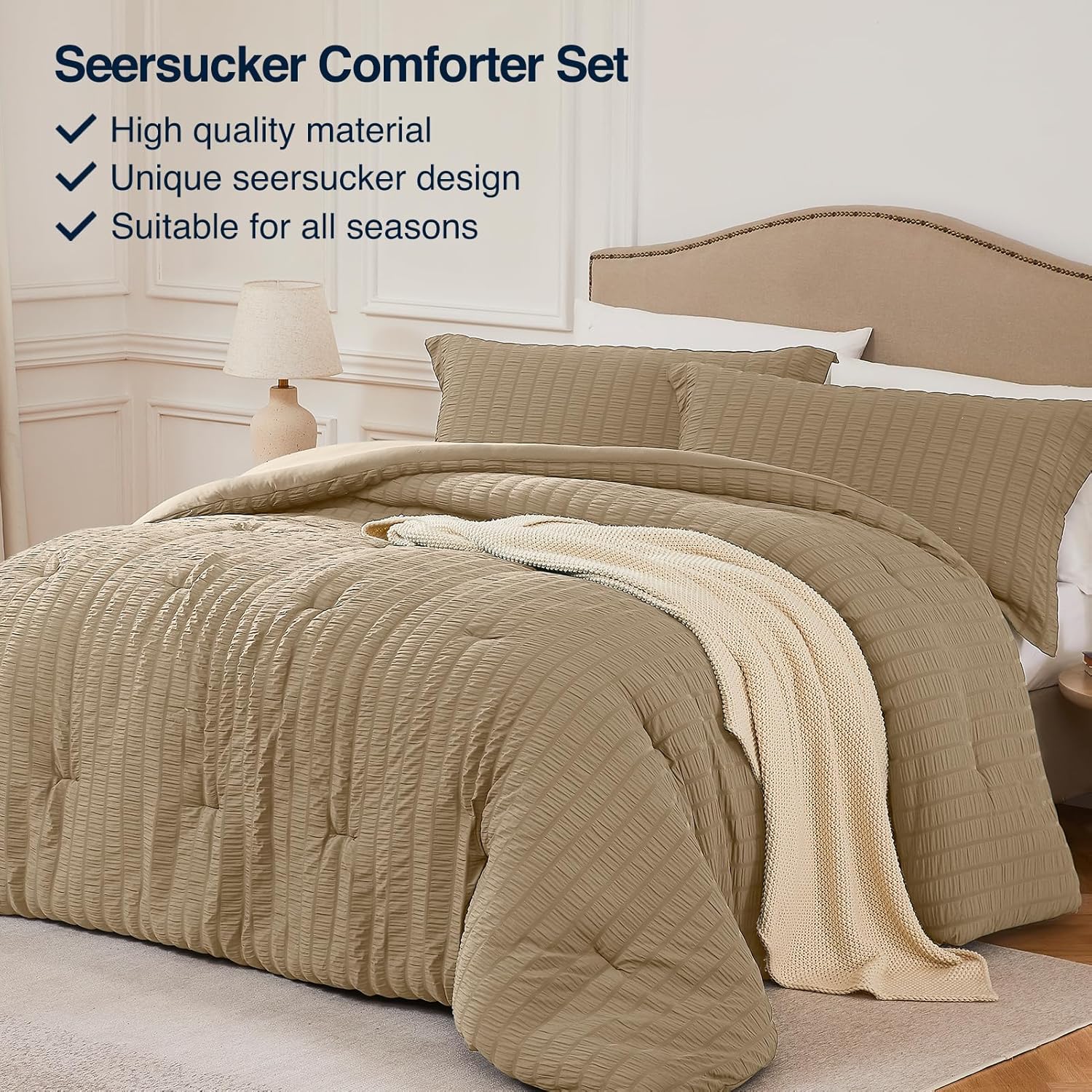 Quataly Brown Queen Comforter Set - 3 Pieces Seersucker Lightweight Bedding Comforter Sets (1 Soft Fluffy Comforter & 2 Pillowcases) - All Seasons Cozy Farmhouse Bed Sets for Women Men