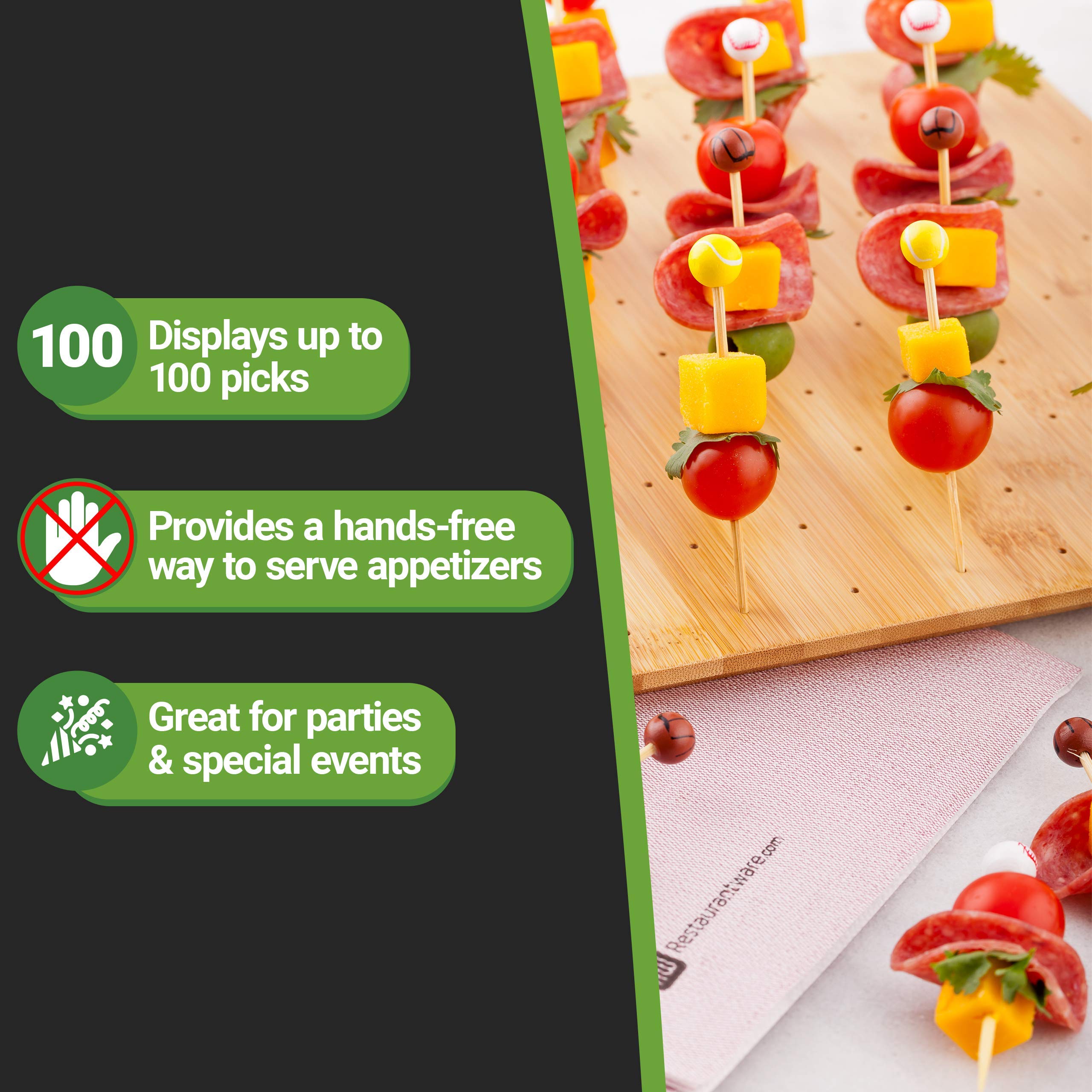 Soporte cuadrado de bambú para brochetas de comida de 12 pulgadas: perfecto para fiestas de cócteles y eventos de catering, soporte de selección biodegradable y respetuoso con el medio ambiente y exhibición de alimentos, 100 hoyos, 1 unidad, artículos par