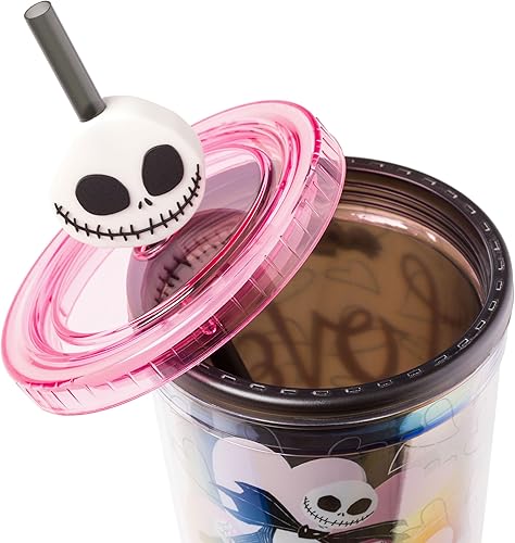 Miniatura 4 de Silver Buffalo Disney The Nightmare Before Christmas Misfit Love Featuring Jack Skellington and Sally Plastic Cold Cup with Lid and Straw Topper, 24