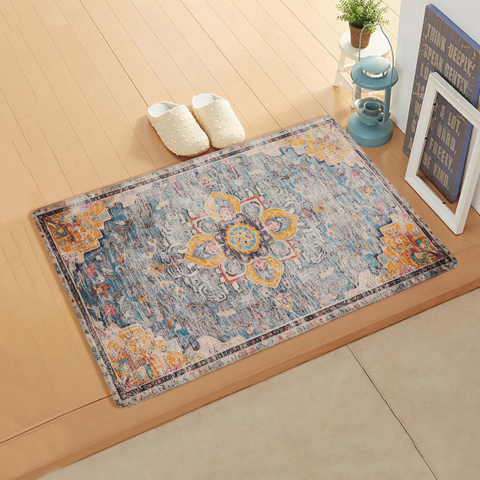 Geometric Kitchen Bath Door Mat Cushioned Runner Rug,Washable Welcome Floor Sink Antifatigue Mat,Waterproof & Non-Slip Comfort Standing Doormat,Vintage Shabby Chic Abstract Flower Ethnic 20