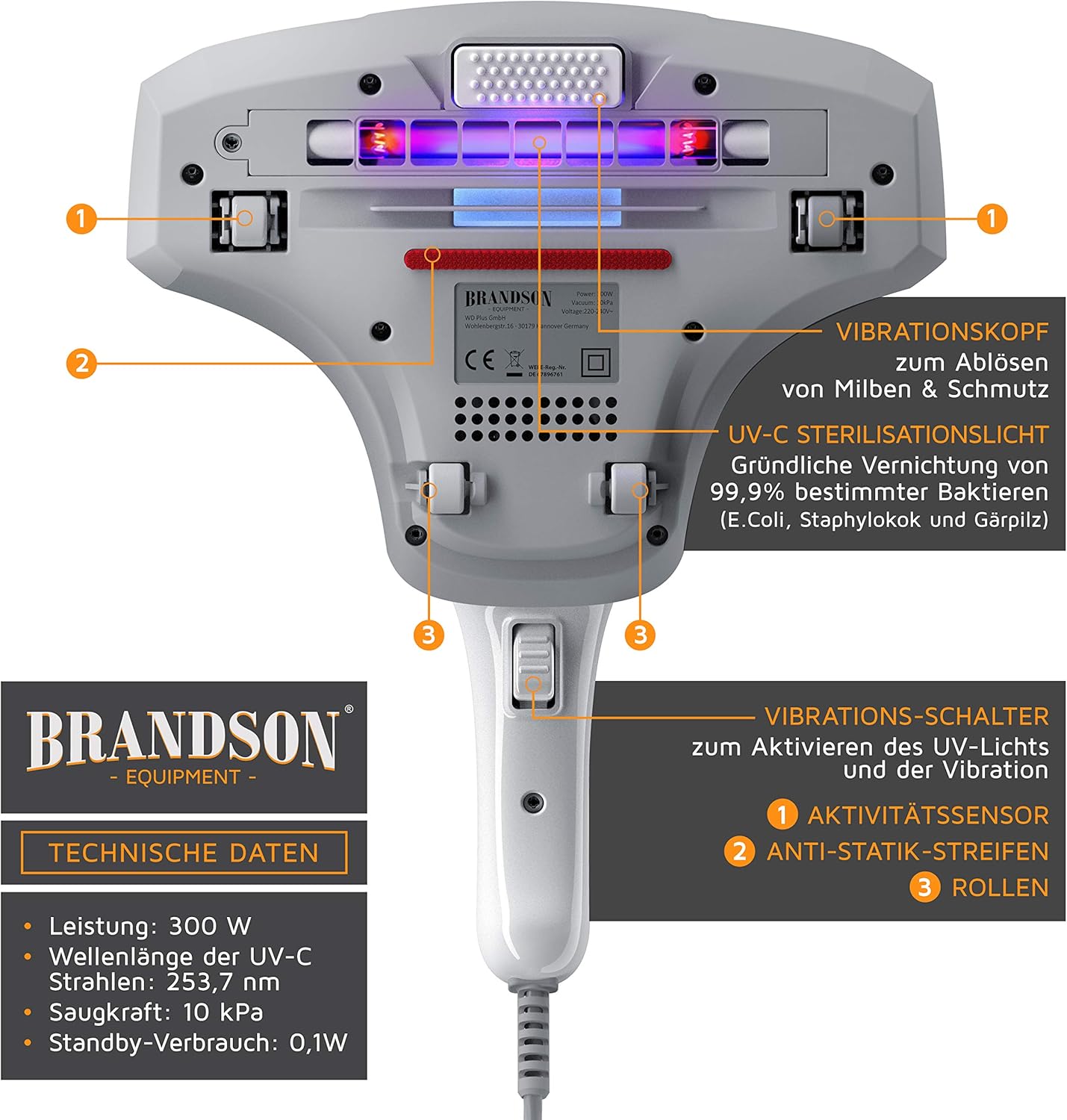 Brandson - Dust Mite Vacuum Cleaner 300 W - Mite Handheld Vacuum Cleaner with UV Sterilisation Light - Dirt Container 150 ml - Disinfects Beds Clothing Upholstery Furniture - Mite Vacuum Cleaner